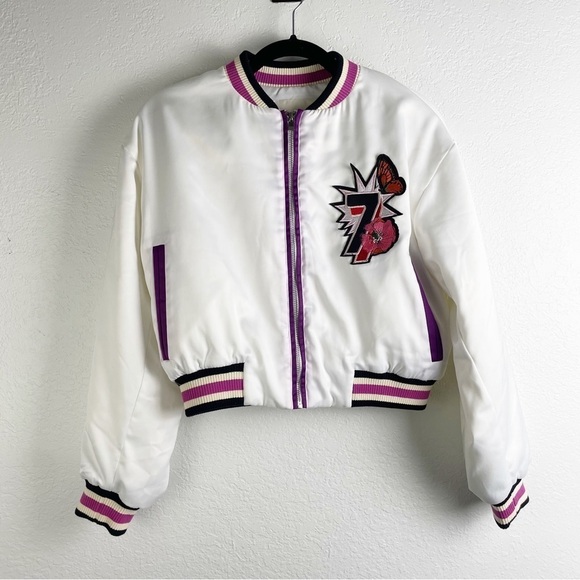 Maje Peacock Embroidered Satin Bomber Jacket White Small Casual Sporty Cropped - Picture 2 of 9
